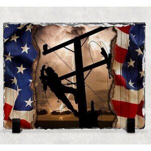Photo Rock Slate Power Lineman American Flag Stone Decor Plaque